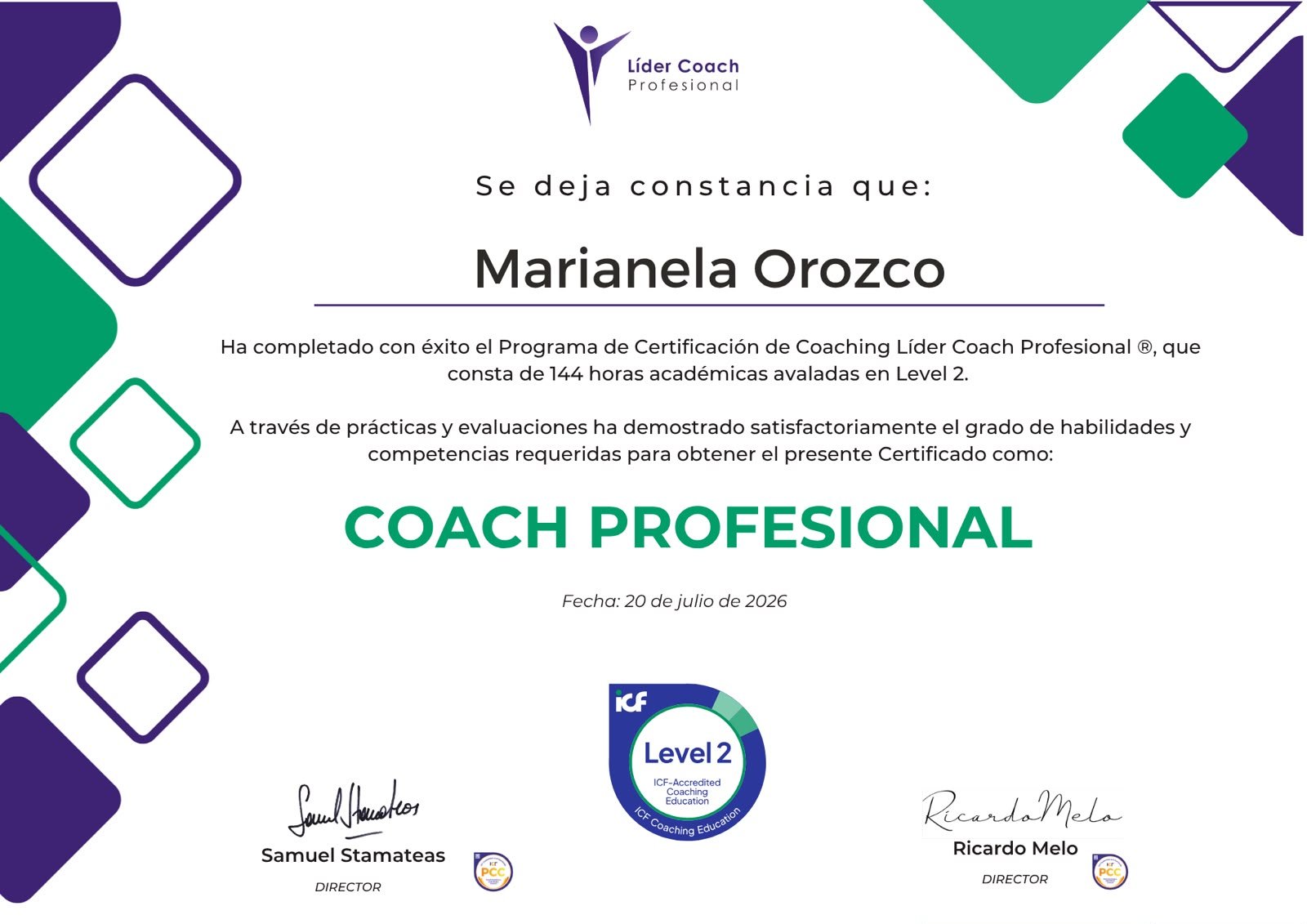 Certificado de Coach Profesional de Marian — Líder Coach Profesional, ICF Level 2